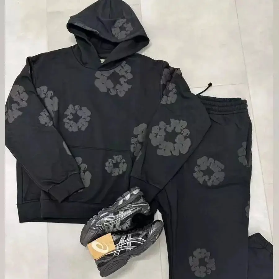 DENIM TEARS木棉花MONO满印黑发泡logo纽约POP黑色卫衣帽衫套装