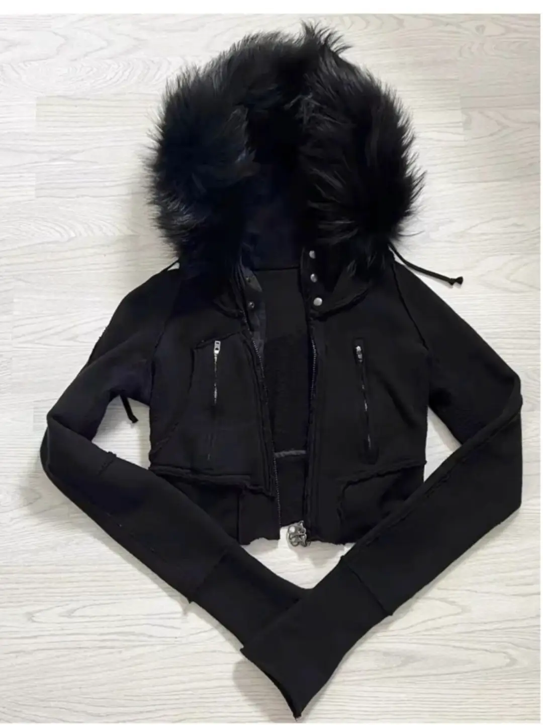 Vintage Spice Girls Black Hair Collar Hooded Sweatshirt Jacket Patchwork Visual Design Sense Niche Scrap Style Short Top