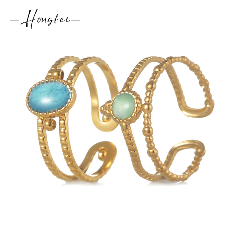 Hongfei European and American Style Stainless Steel Inlaid Stone Open Ring for Women, Trendy Instagram Style Cross-Border Jewelry, One-Piece Dropshipping