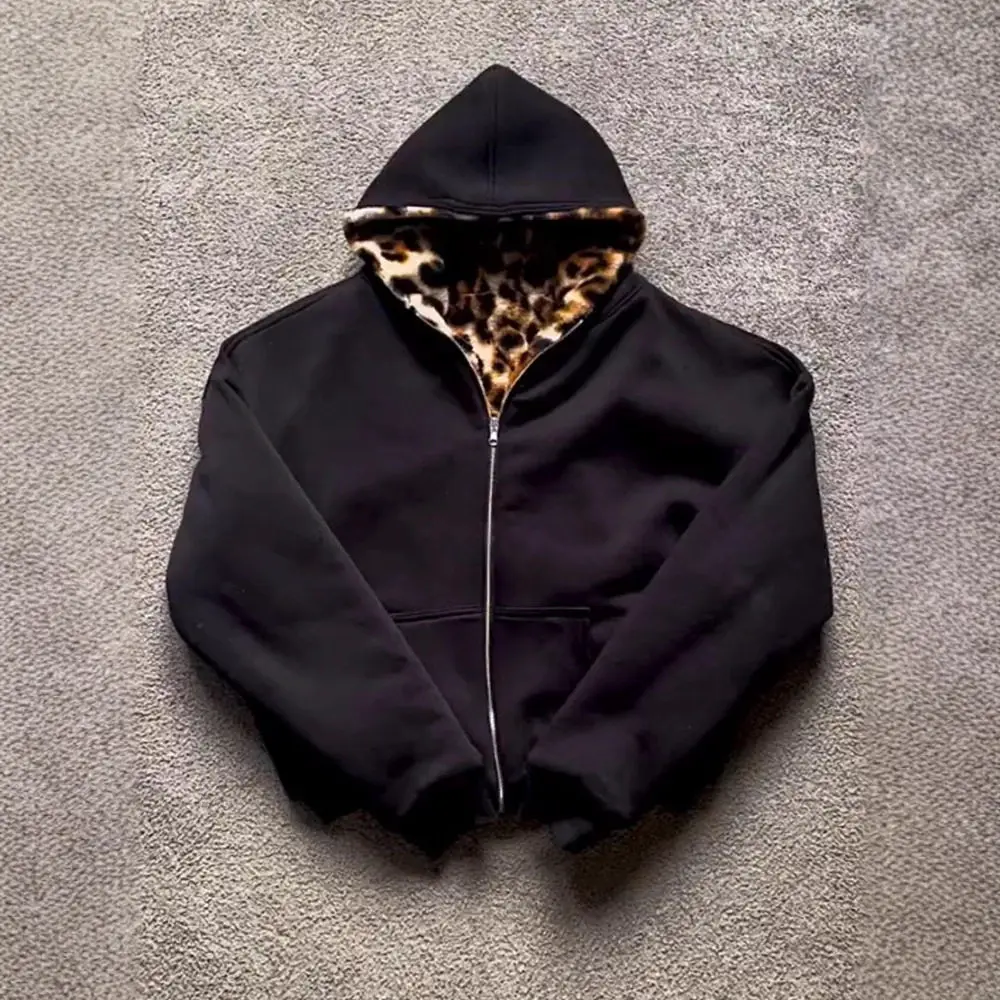 European and American cross-border 2025 autumn and winter new Amazon fashion retro leopard print hooded zipper double-sided sweatshirt jacket