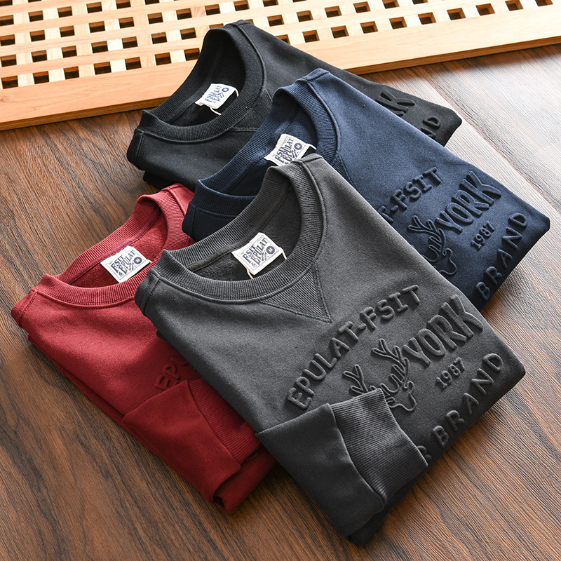 HK order! Washed brushed + 3D printing! Autumn solid color casual all-match pullover sweater for men