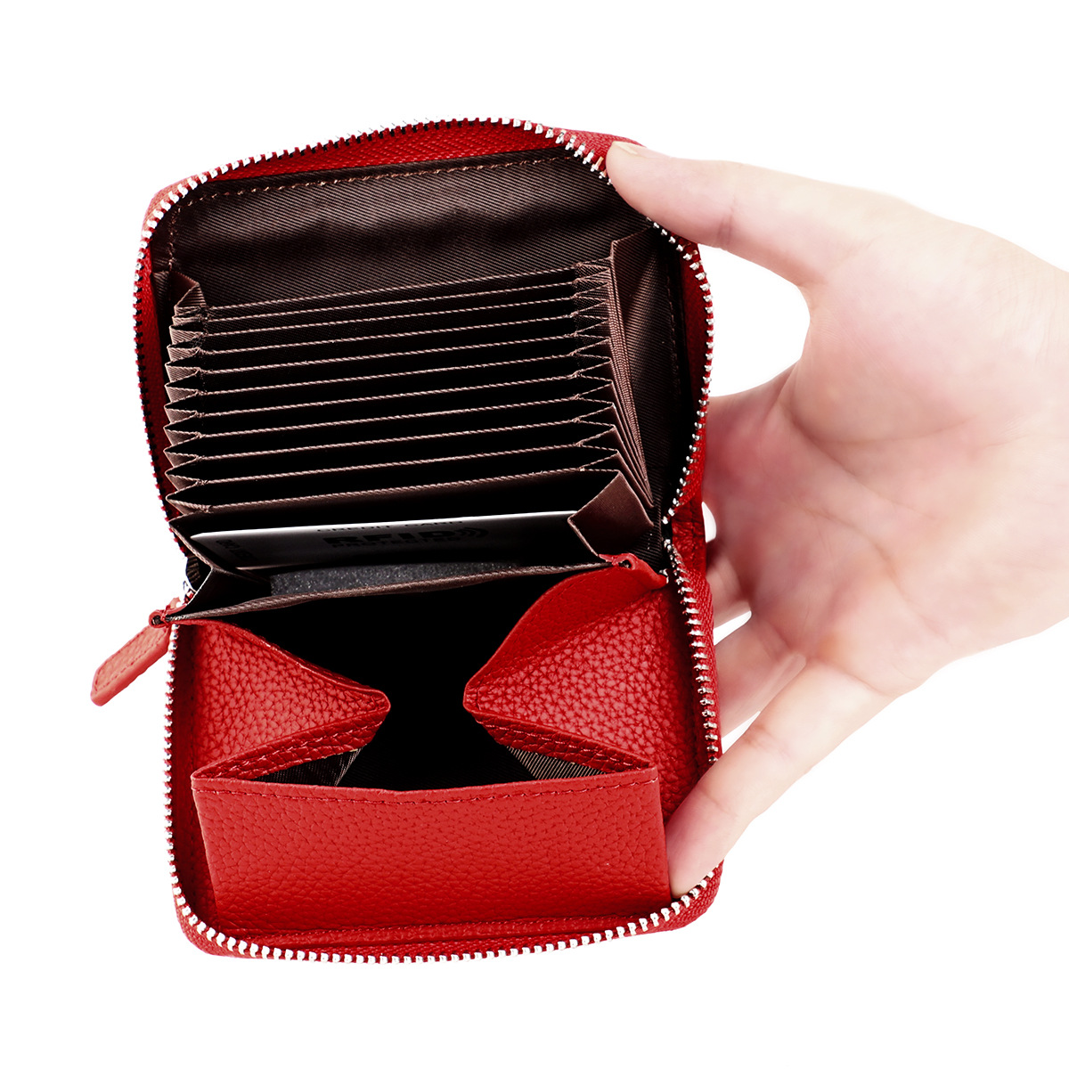 Guangzhou Blowing Cowhide Japanese Accordion Multi-Card Slot Card Holder Card Holder Rfid Cowhide Zipper Coin Purse Coin Bag