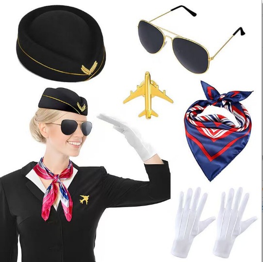 Cross-Border Flight Attendant Hat, High-End Gloves, Scarf, Glasses, Hat Set, Accessories, Prom Party Outfit