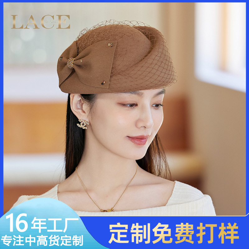 Vintage Elegant Bow Wool Beret Women Autumn and Winter Fashion Fishernet Bud Hat Fashion Hat Wholesale Custom