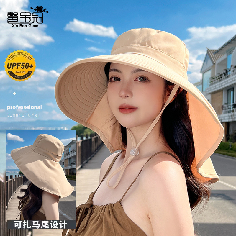 UPF50 summer outdoor sun hat with ponytail hole hat female Korean fashion big beave shawl fisherman hat