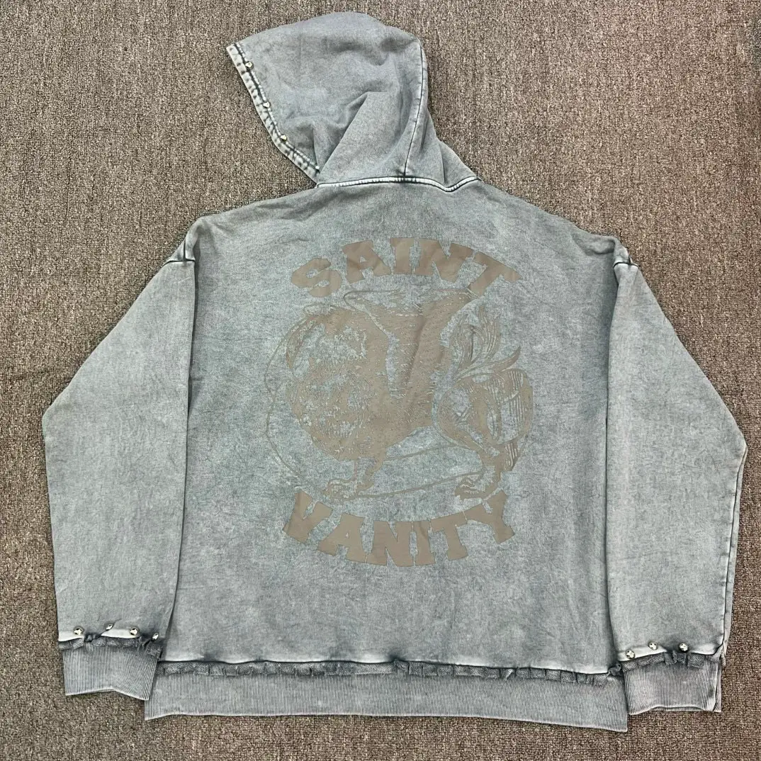 American Style Trendy Cardigan High Street Saint Vanity Washed Distressed Rivet Destroyed Hooded Sweatshirt
