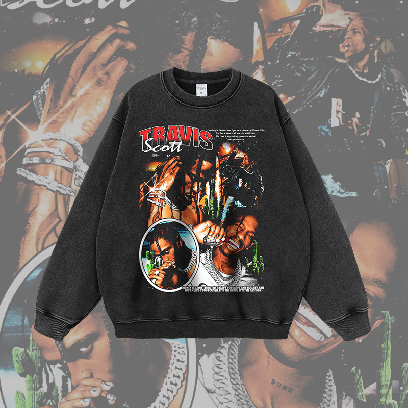 American hiphop rap portrait printed long-sleeved T-shirt men's and women's retro fashion brand distressed wash short-sleeved base tee