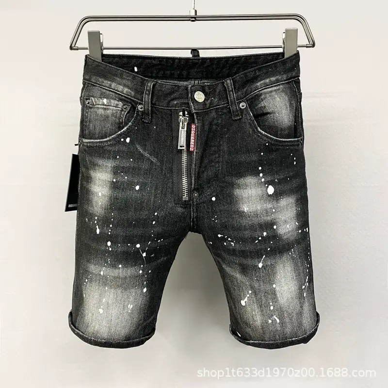 9903-1 New D2 Personality Distressed Denim Shorts Men's Trendy Slim Fit Five-Point Shorts Summer Paint Dot Straight Mid-Length Shorts