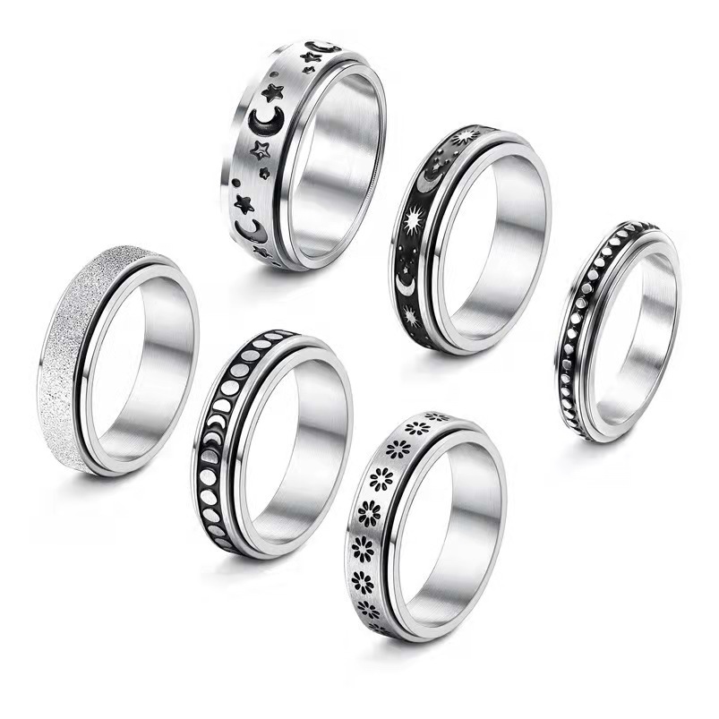 Rotatable Titanium Steel Men's Ring with Sun, Moon, and Star Design for Stress Relief and Anxiety Reduction
