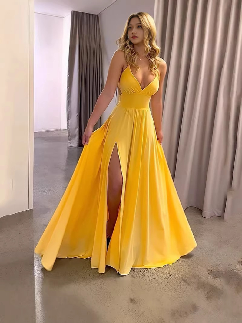 2026 Cross-Border European and American Style Fashion Sexy Party Women's Clothing Summer V-Neck Strapless Slit Long Dress with Tie-Back