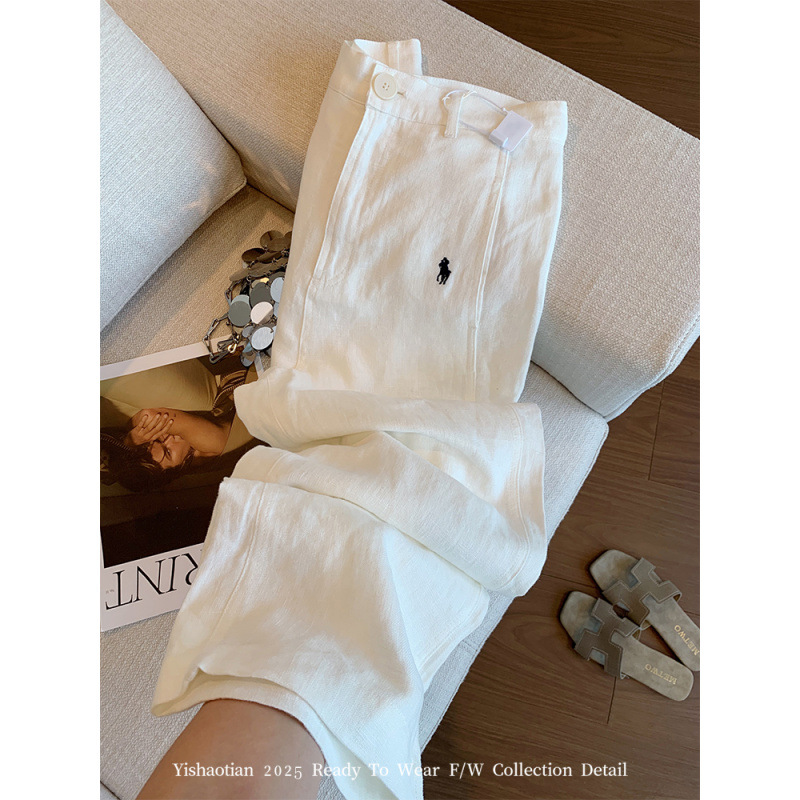 White Pony Logo Linen Straight Wide-Leg Pants for Women, Early Autumn New Style, Loose, Lazy, Breathable, Comfortable, Versatile Casual Pants Foto QC de 1688 na Qualit.ly