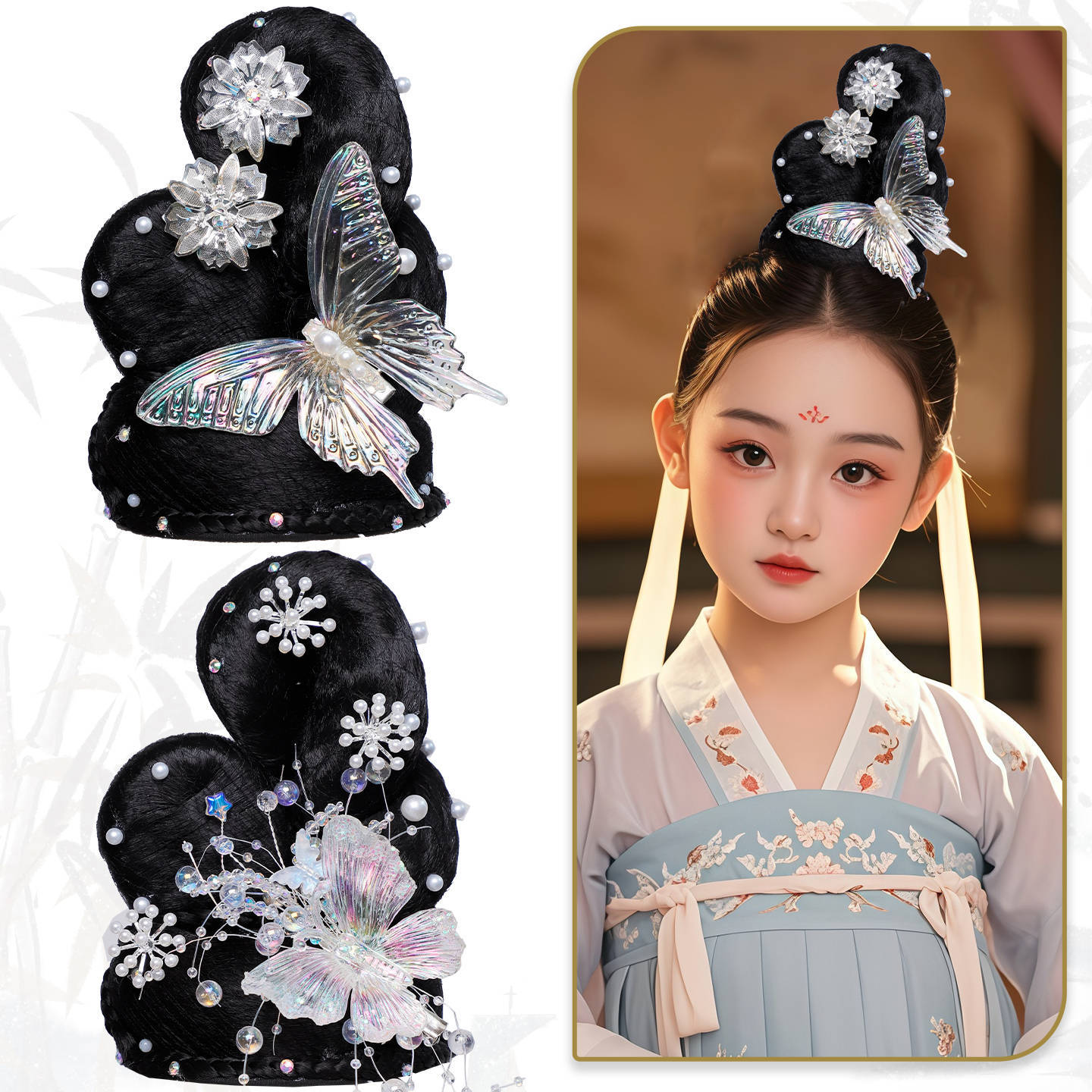 Classical Dance Tang Style Wig Ancient Style Children's Wig Set Hanfu Headwear Combination Set Ancient Costume Performance Hairstyle Bun