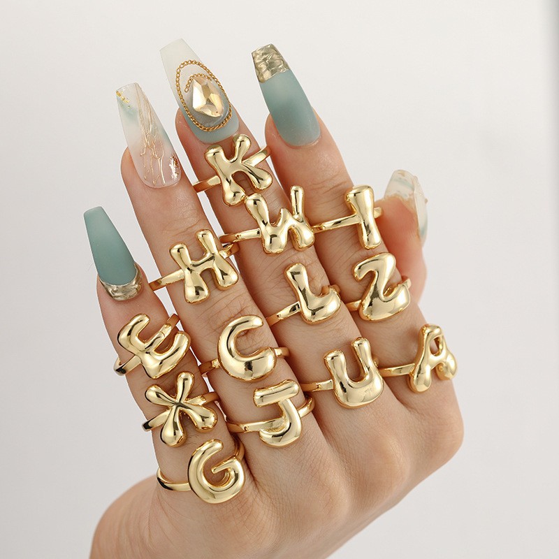 Cross-Border Aliexpress Letter Ring 26 Letters Gold 18K Gold Plated Ring Finger Ring Wholesale Jewelry Simple Sub
