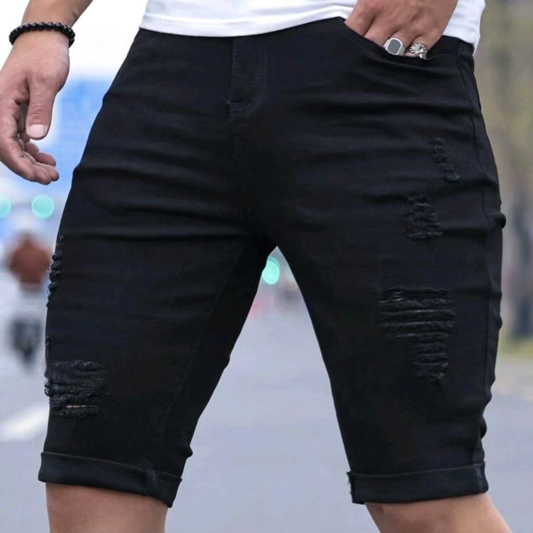 Hot-Selling Men's Ripped Denim Shorts High-Waisted Straight Elastic Casual Pants Jeans Men's Summer Thin American Style