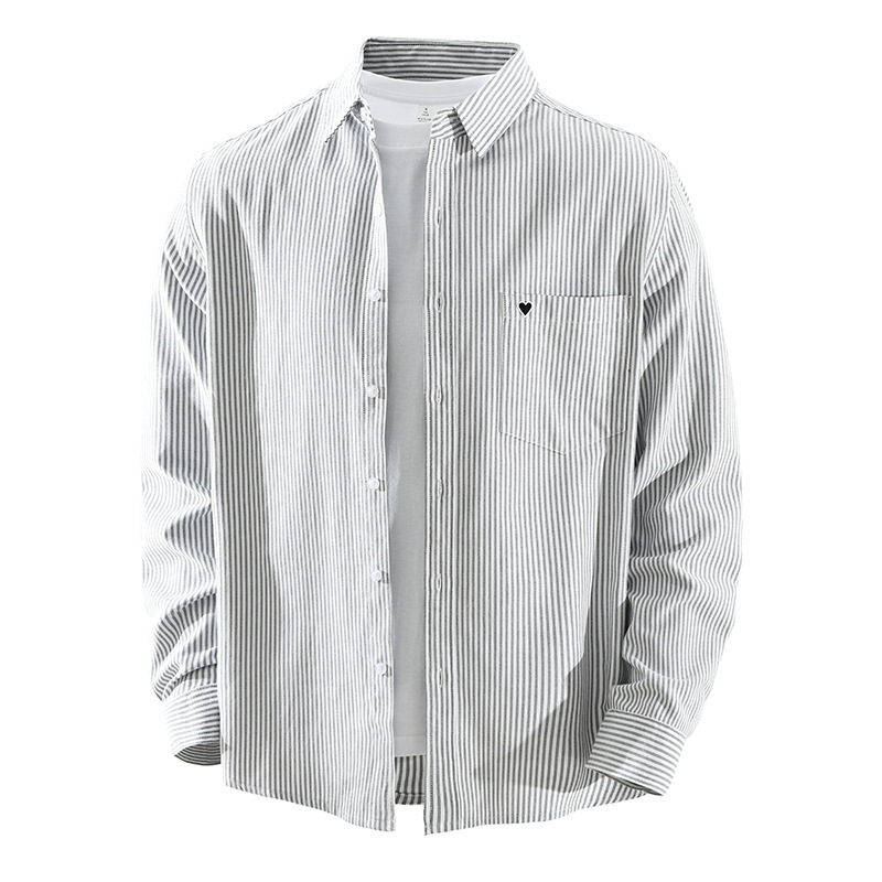 7839 Japanese-Style Striped Oxford Long-Sleeve Shirt for Men, Artistic Embroidery, Casual Loose Top, Men's Clothing, Dropshipping Available
