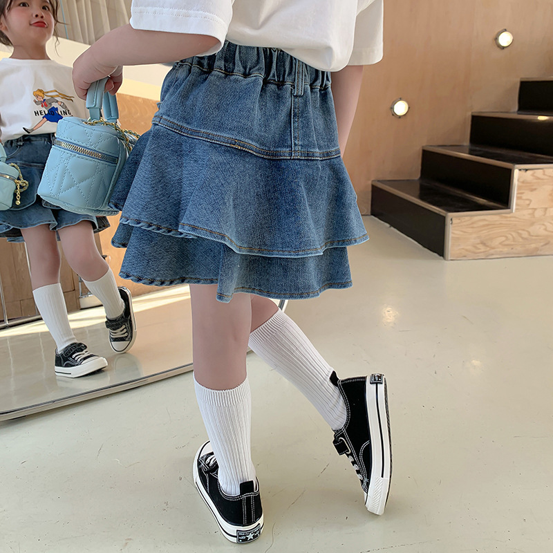 Summer Girls' Denim Short Skirt Baby's Western Style Children's Personalized Trendy Brand Korean Style Fashionable Internet Celebrant Ruffle Cake Skirt