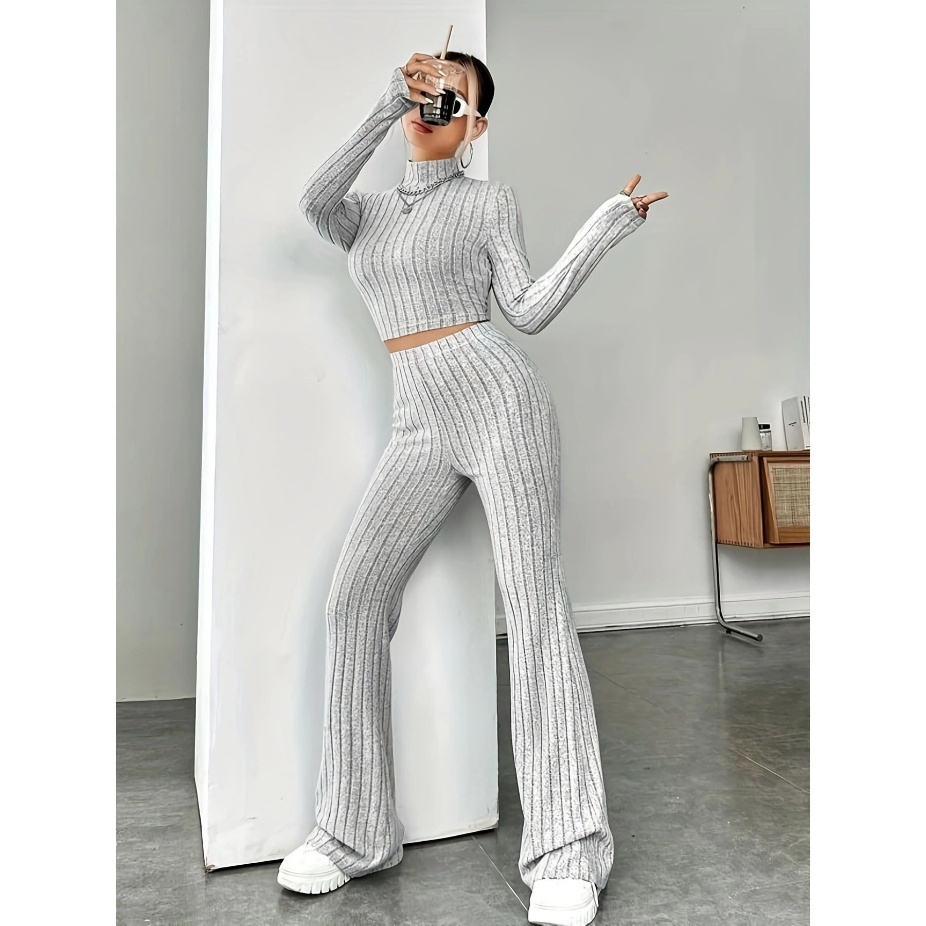 European and American Cross-Border Amazon 2026 Spring New Knit Long-Sleeve Set with Hooded Sweatshirt and Loose Pants Two-Piece Set