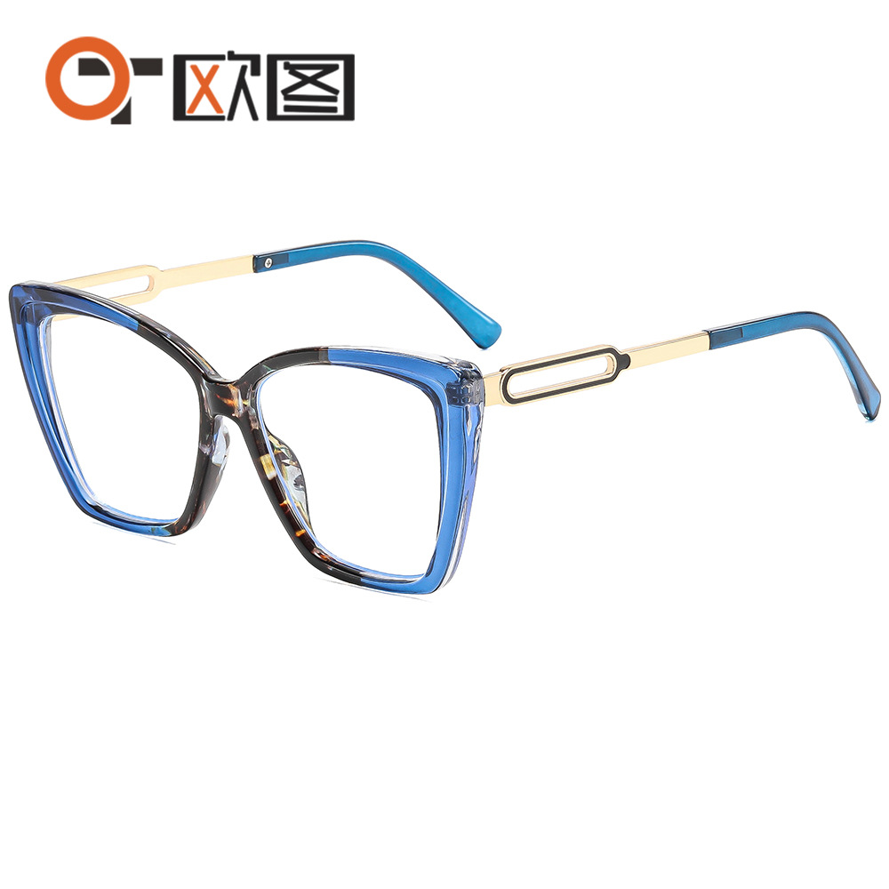 New Cross-Border Large Frame Cat-Eye Style Foreign Trade Personalized Metal Fashion Color-Blocking Unisex Non-Prescription Eyeglass Frame M6304