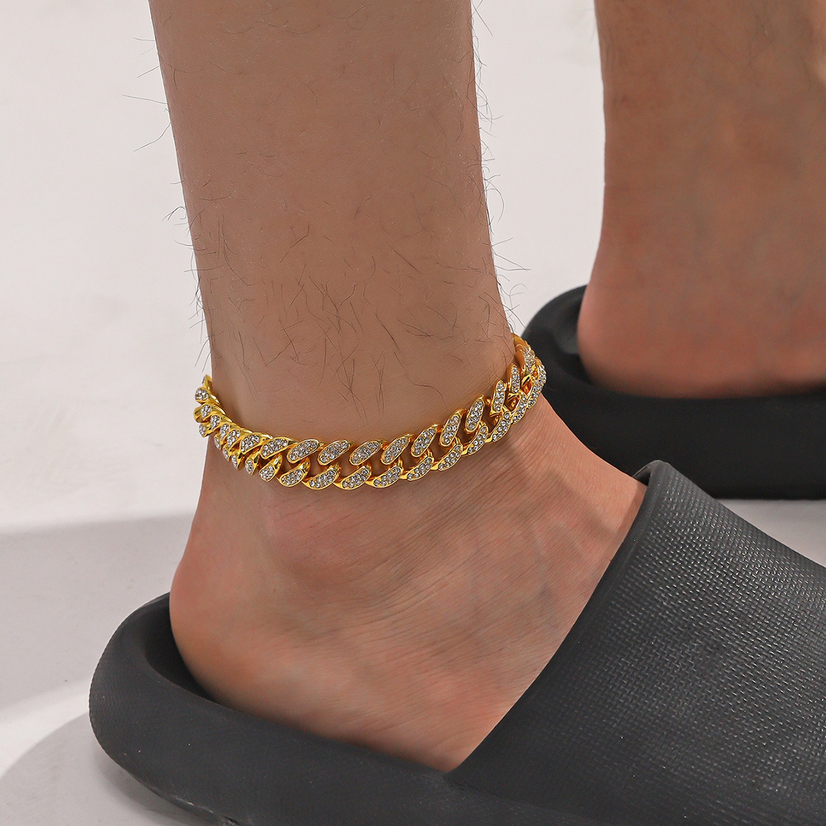 European and American hip-hop cool full-diamond Cuban chain anklet cross-border personality trendy men's locomotive HIPHOP punk style anklet