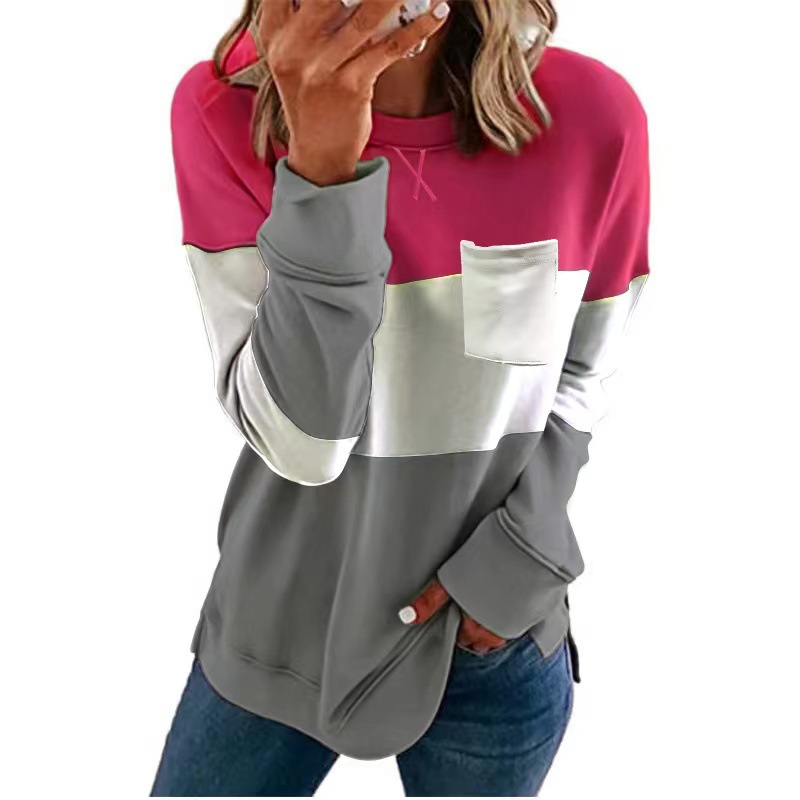 2024 Hot-Selling Women's Sweatshirt Spring and Autumn New European and American Solid Color Contrast Long-Sleeve Casual Women's Pullover T-Shirt Sweatshirt
