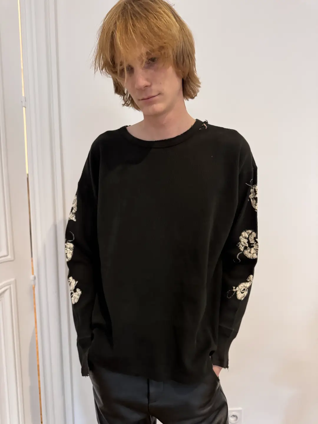 Erd25Fw Melancholic Rich Second-Generation Mouse-Chasing Washed and Distressed Waffle Knit Long-Sleeve Shirt