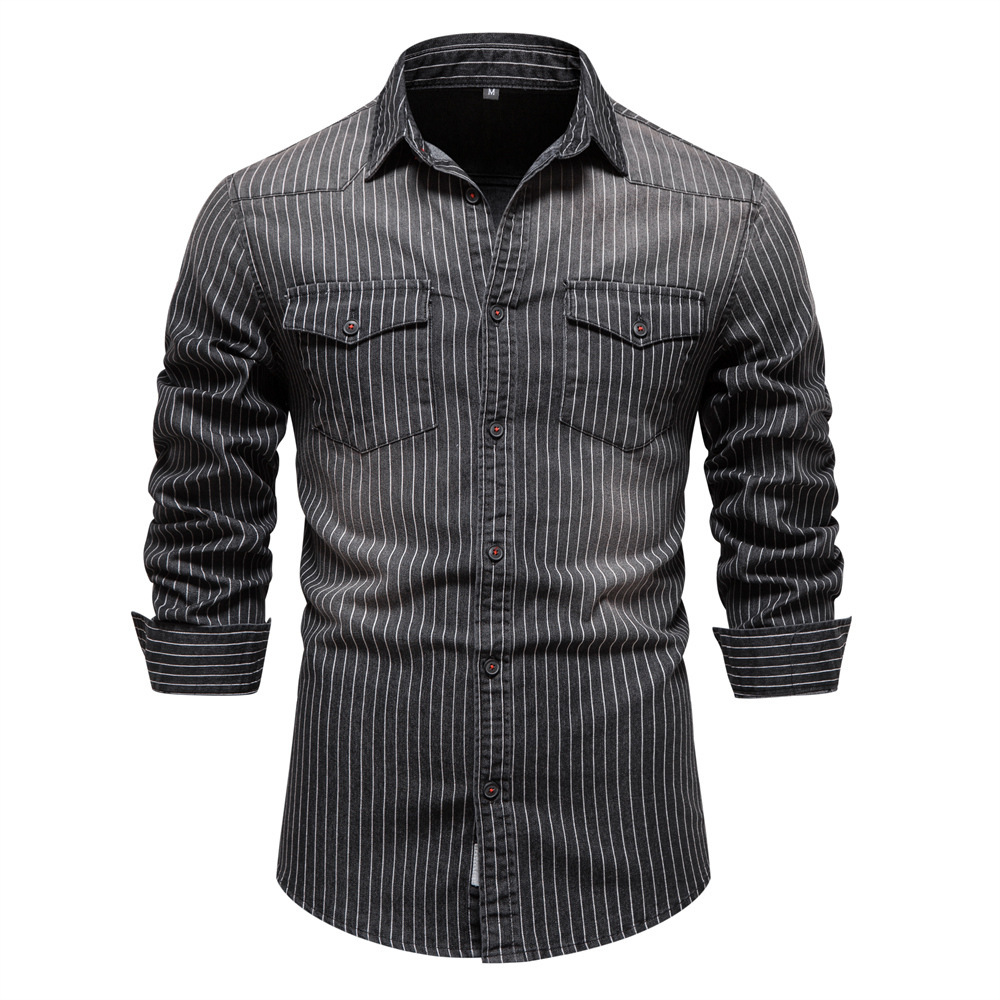 2024 Foreign Trade high quality Heavy Industry Washed Old Striped Denim Shirt Men's Long Sleeve Tannin Shirt