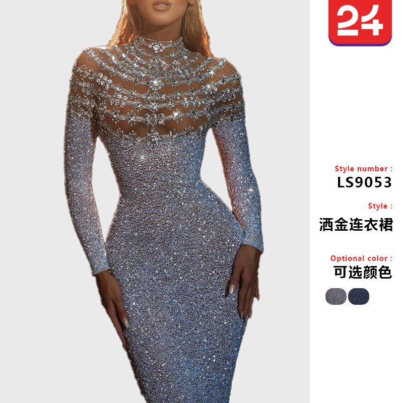 2025 Cross-Border Spring New European and American Clothing Dress Round Neck Slim Elegant S-Shaped Sequined Sexy Hip-Hugging Dress