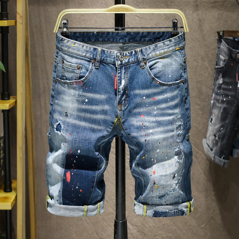 European and American fashion brand Summer Street pants heavy industry washing hole patch patch cloth sprinkle paint point denim pants men