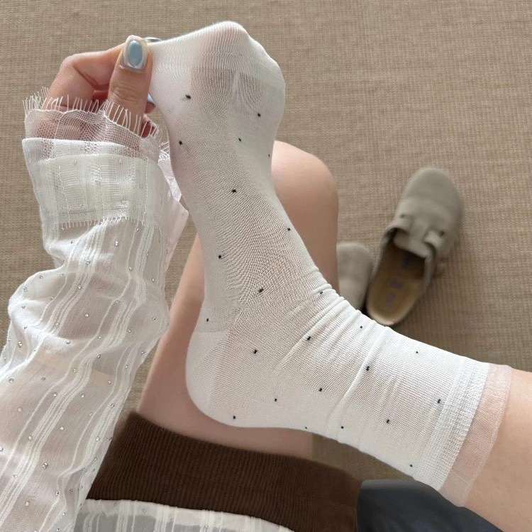 Summer Thin Mesh Polka Dot Socks for Women, Solid Color Lace Trim Mid-Calf Socks, Ins Style Cotton Seamless Slouch Socks