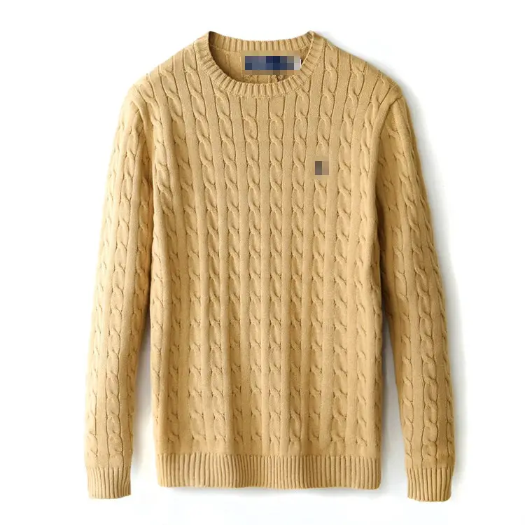 New Autumn and Winter Men's Sweater, Round Neck, Thickened Cable Knit Pullover, Casual Thickened Pure Cotton Embroidered Small Logo Knitwear, Trendy