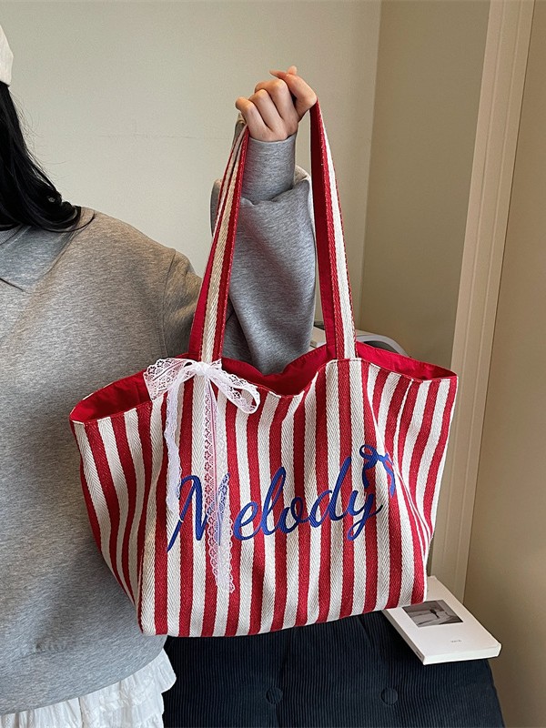 Textured Niche Large-Capacity Stripesd Double-Sided Shopping Bag Canvas Bag 2025 New Casual Versatile Shoulder Bag for Women
