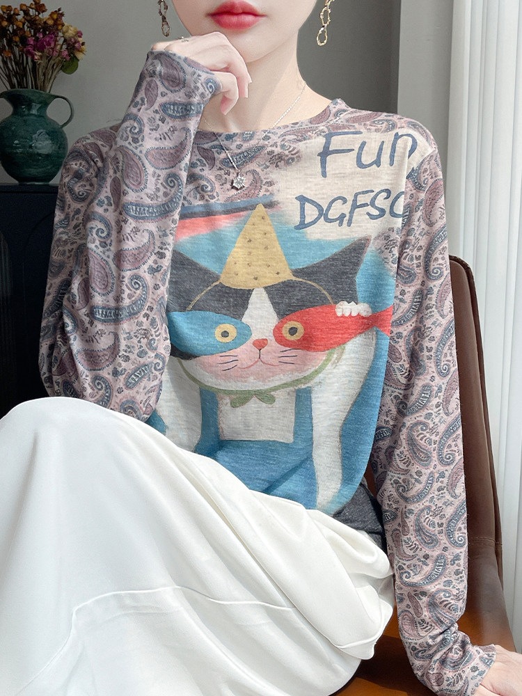 Ink Wash Print~Spring Lyocell Tencel Knitwear Women's Round Neck Long-Sleeved T-Shirt with Casual and Versatile Base Layer Underneath