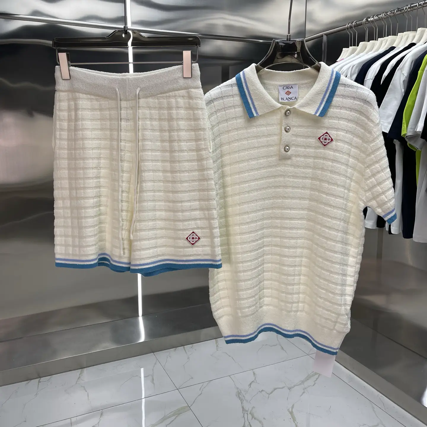 European and American Export Casa Casablanca Knitwear Knitwear Short-Sleeved Jacquard Cardigan Polo Shirt Couple Shorts Set