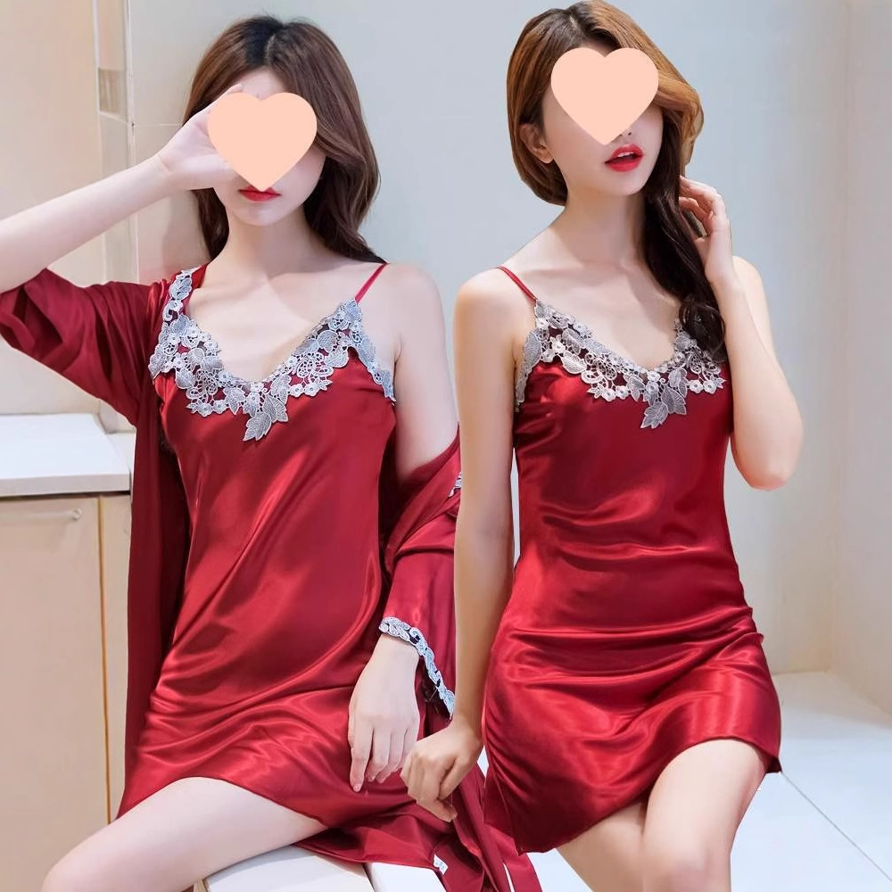 Silk Suspender Nightgown for Women Autum Sexy Thin Ice Silk Two-Piece Suit Nightgown Lace Spring and Summer Home Wear for Women
