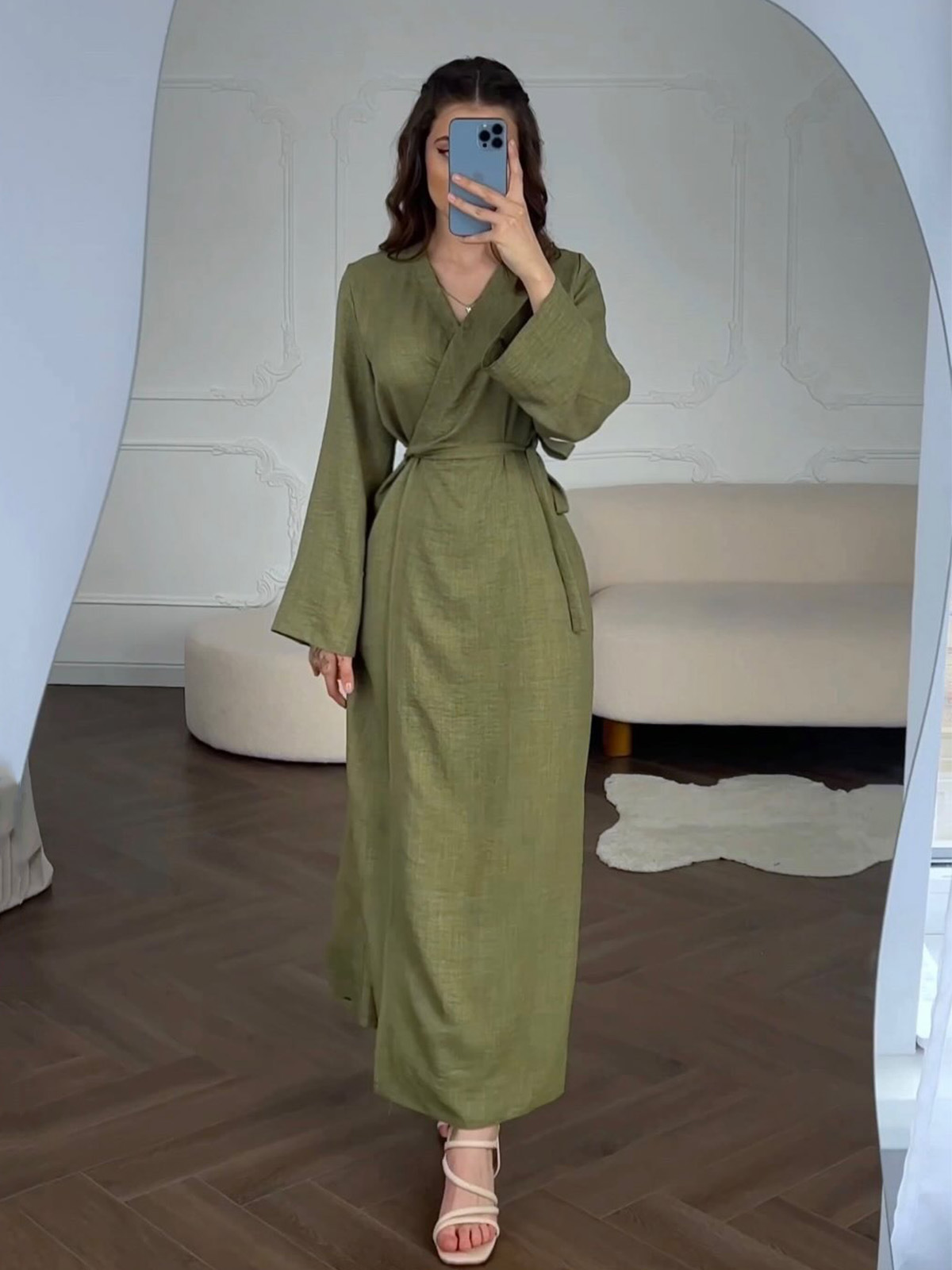 European and American Style Long-Sleeved Dress with a Cool Vibe, Tie-Waist V-Neck, Zen-Inspired Long Dress for Summer 2026