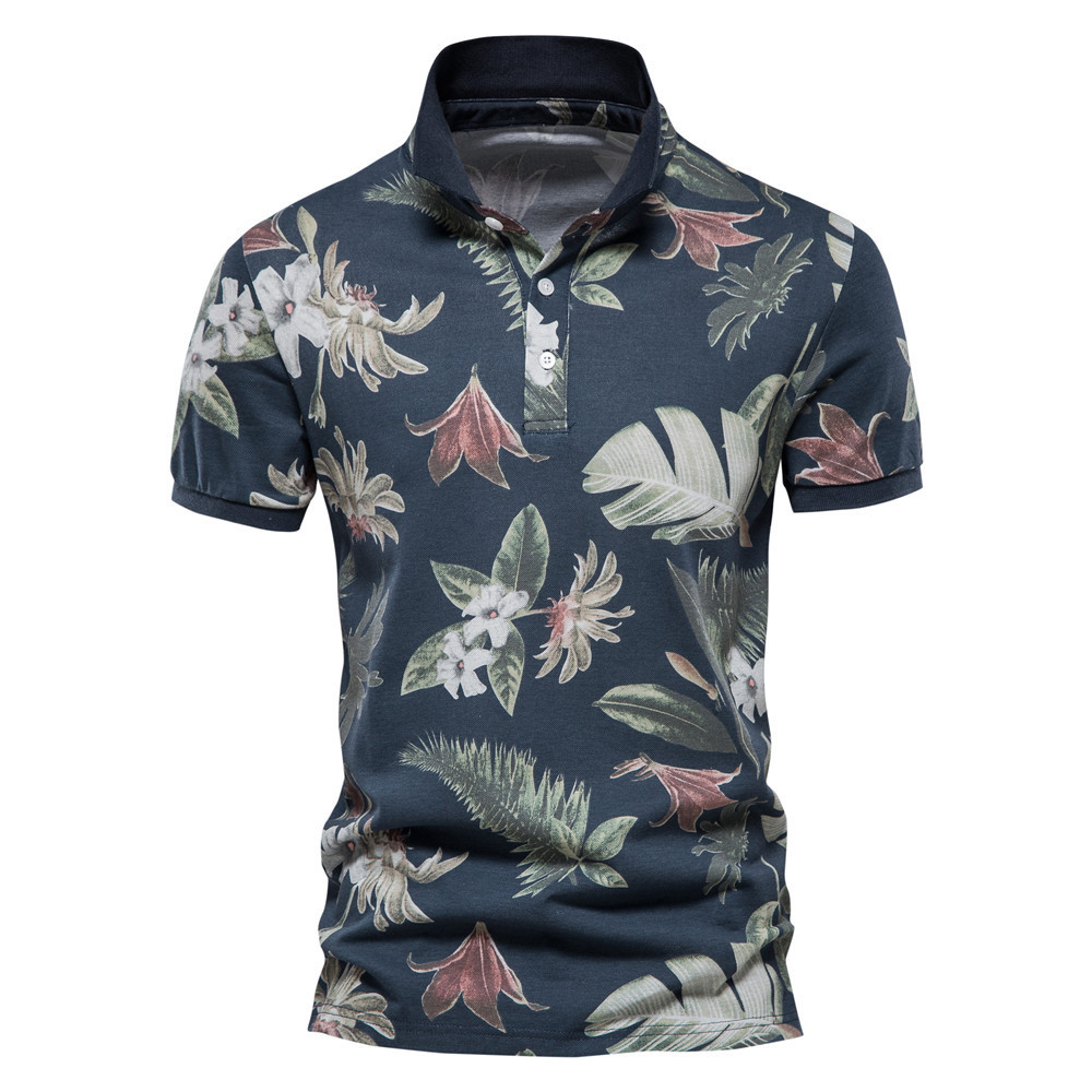 2023 Foreign Trade Supply Printed Polo Shirt in Stock Men's Short-Sleeved Turn-Down Collar European Size T-Shirt Shirt Collar Trendy Brand