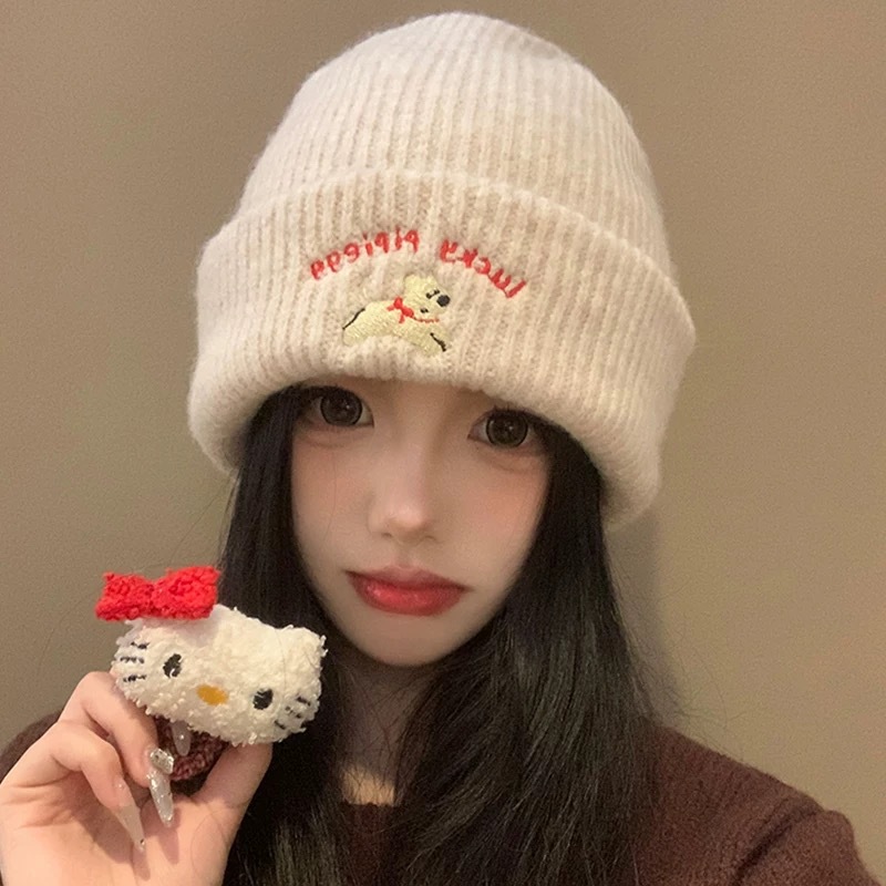 Cute Puppy Embroidered Knitted Hat Women's Korean-style Autumn and Winter Warm Face Small Ear Protection Wool Hat All-match Cold Hat for Men