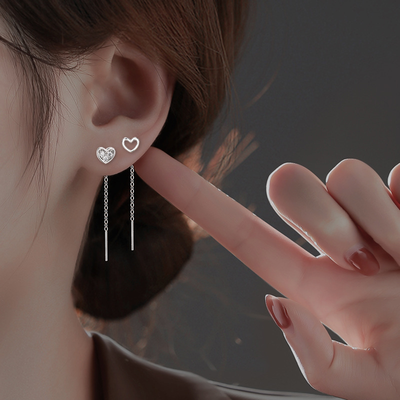 Asymmetric Love Zircon Ear Line Raising Ear Holes Sweet Temperament Super Sweet Heart-shaped Earrings Long Tassel Peach Heart Ear Chain