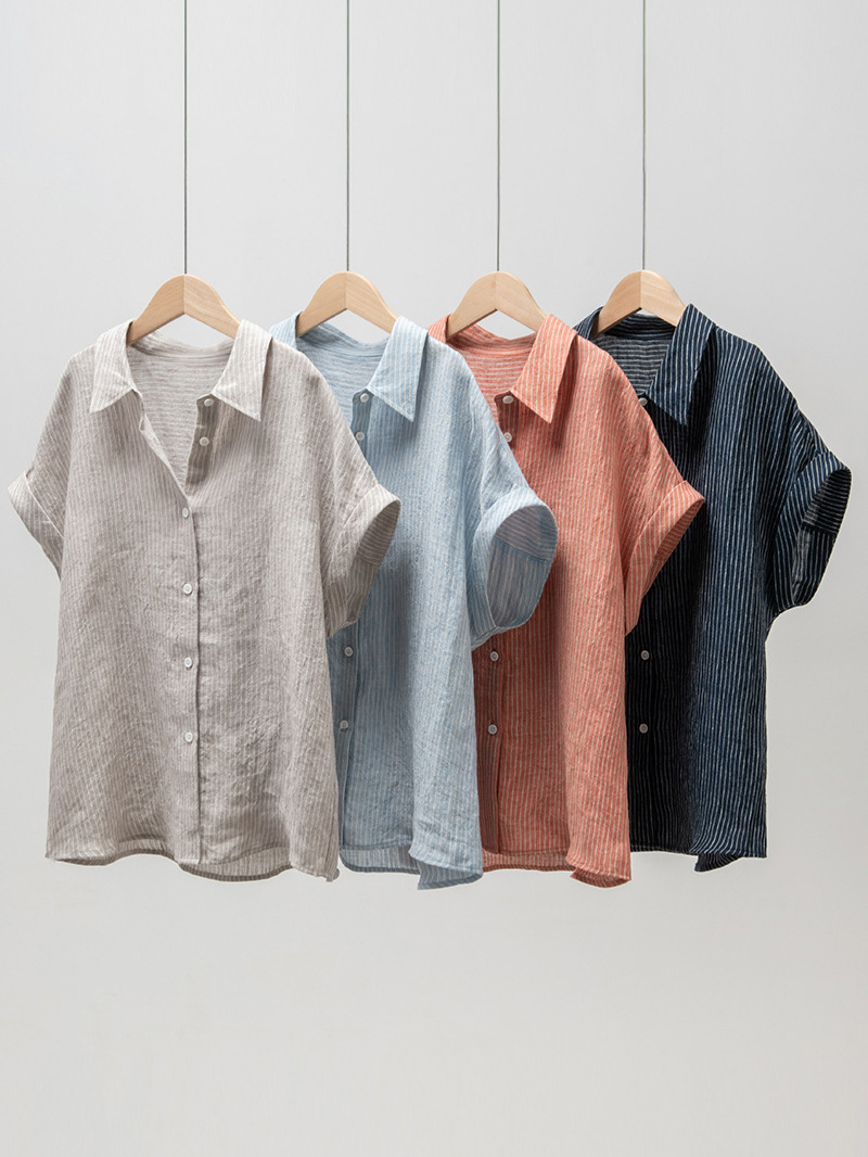 Summer New Retro Short-Sleeved Linen Shirt Women's Square Collar Artistic Cardigan Shirt Casual Japanese Style Lazy Top