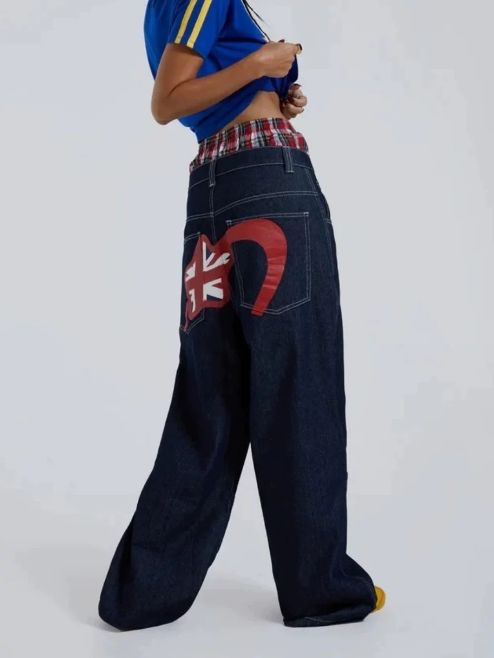 Jaded London Union Jack Print Embroidered Offset Printing Oversized Loose Wide-Leg Straight Denim Pants for Women