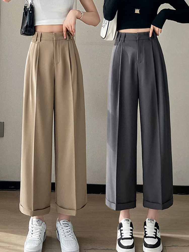 Narrow-Cut Rolled-Edge Suit Pants for Women, 2026 Spring New Korean Style, Nine-Point Straight-Leg Pants with a Stylish Design, Casual Wide-Leg Pants