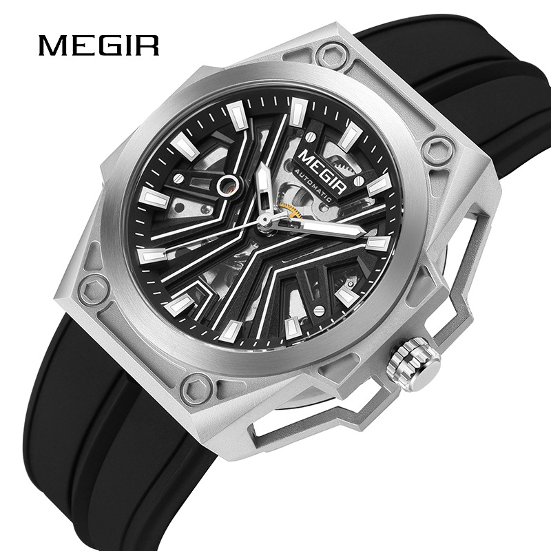 Meger new men's watch wholesale mechanical movement silicone tape waterproof hollow luminous cross-border explosion 8603