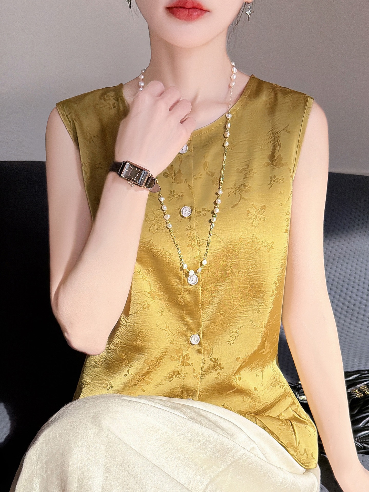 New Summer Arrival: Acetate Satin Jacquard National Style Cardigan Vest for Women, French-Style Ruffled Silk Blouse, Versatile Top