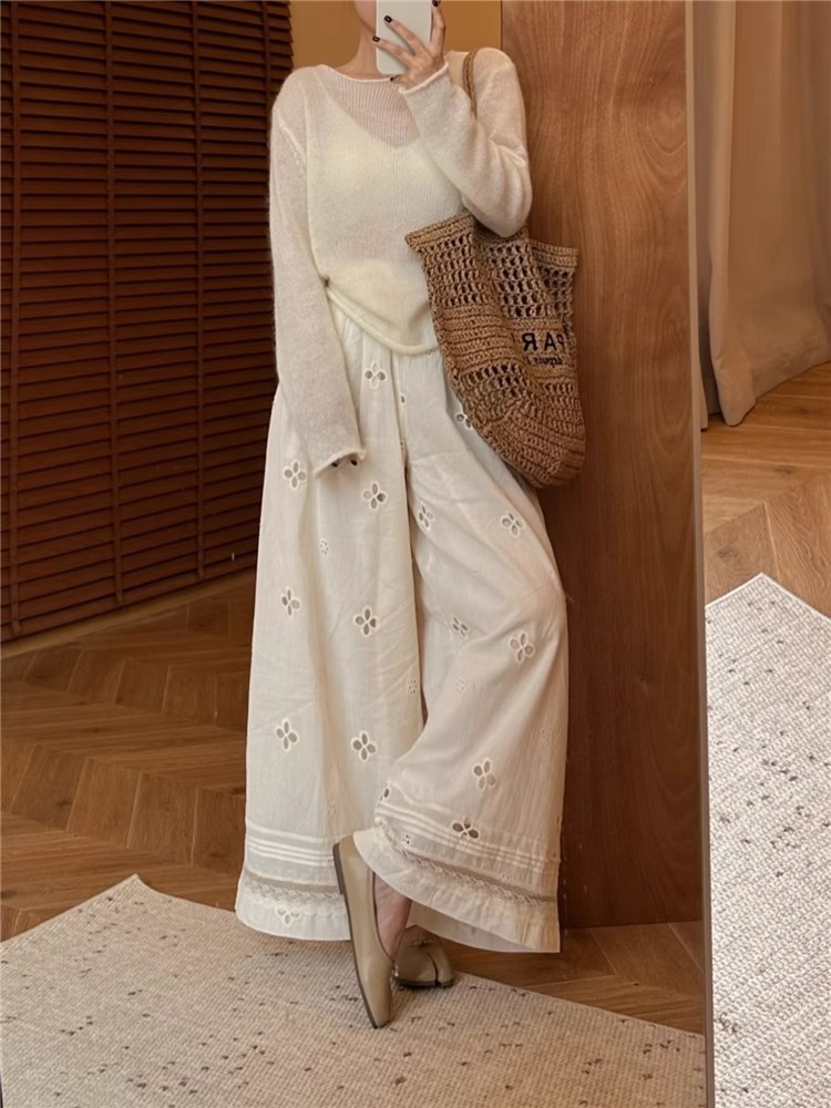 creamy-white Hollow-out Lace Pants Women's Sweet Summer Loose Lazy plus size chubby girl Slimming Wide-leg Pants