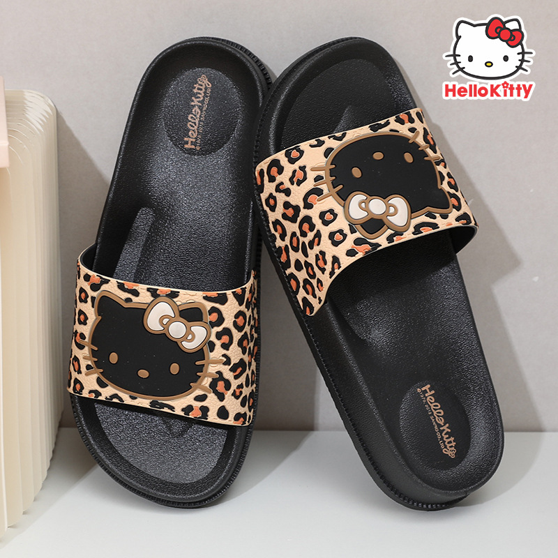 Hellokitty Personalized Niche Contrast Color Leopard Cartoon Flat Slippers Girly Summer Home Non-slip Outer Wear
