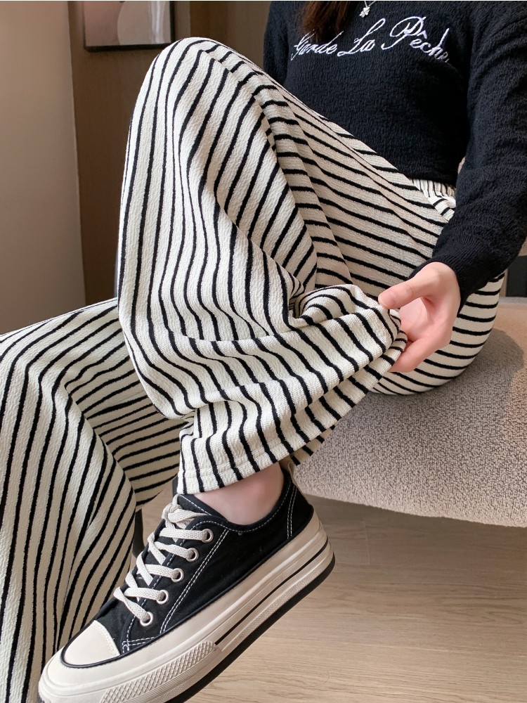 Towel Black and White Stripesd Soft and Waxy Lazy Knitted Wide-Leg Pants for Women Spring & Fall High-Waist Draped Casual Floor-Length Walking Pants
