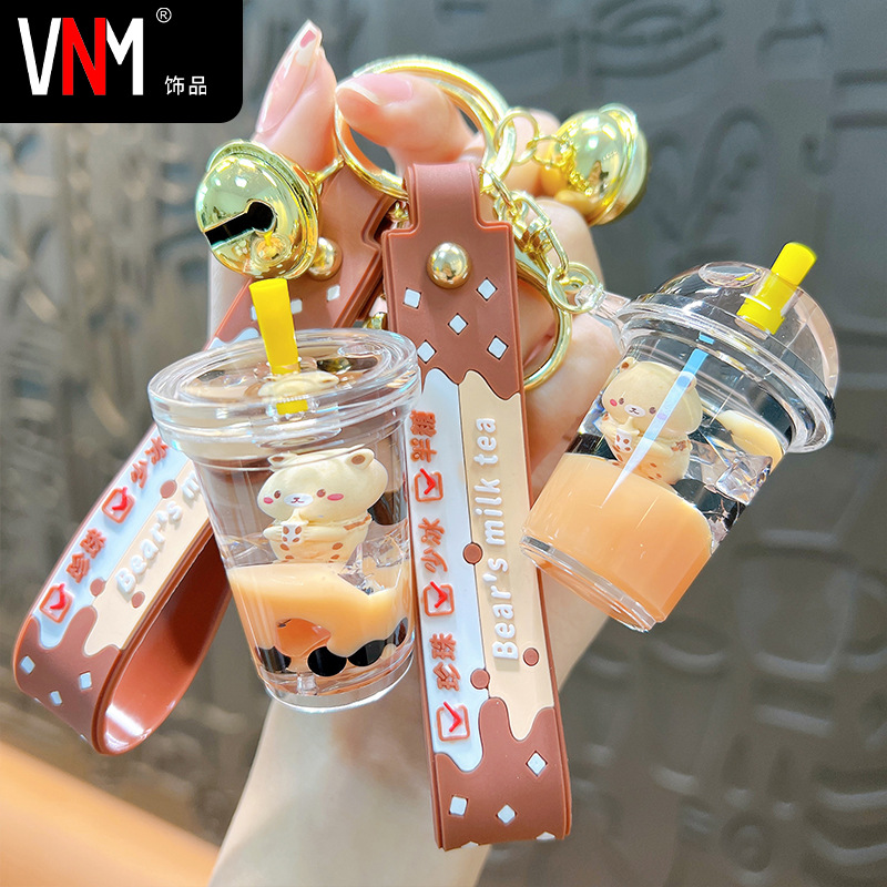 Cute Cartoon Oil Bear Milk Tea Cup Keychain Creative Couple Trendy Car Keychain Bag Pendant Wholesale