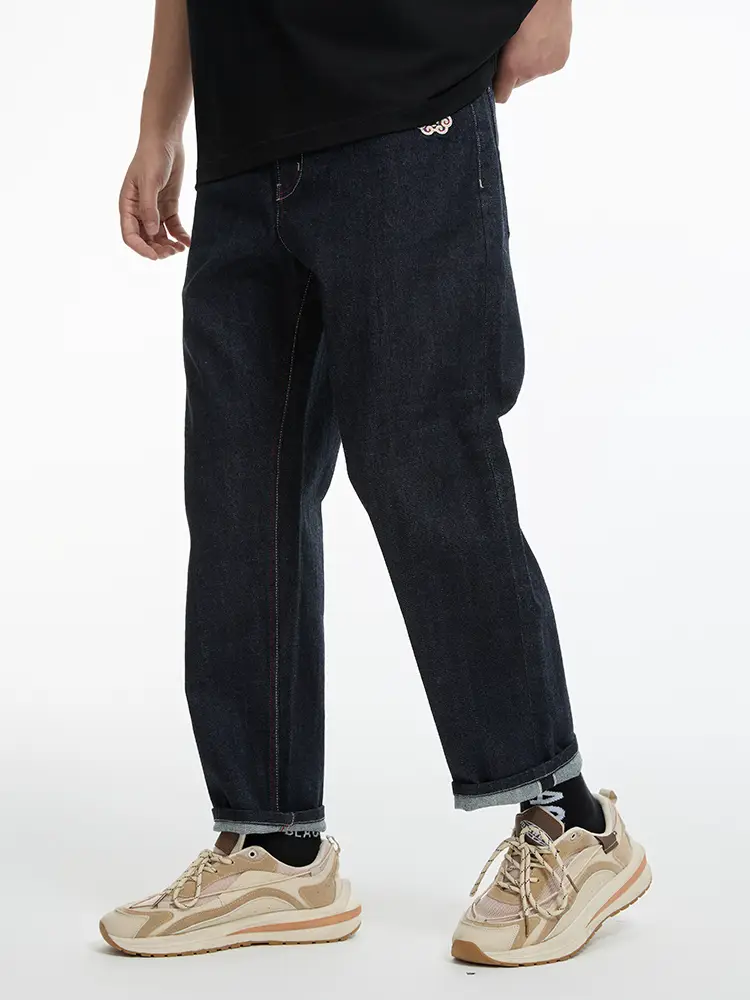Oniarai/Gui Wash 24 Fall and winter Mud Stick Blue Panda Red Edge Cloth Micro-Elastic Tapered Denim pants 24N3403