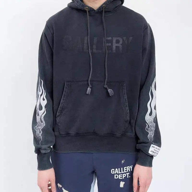 Gallery Dept Trendy Sweatshirt Unisex Flame Unicorn Arm Print Loose Fit Heavy Cotton Hoodie