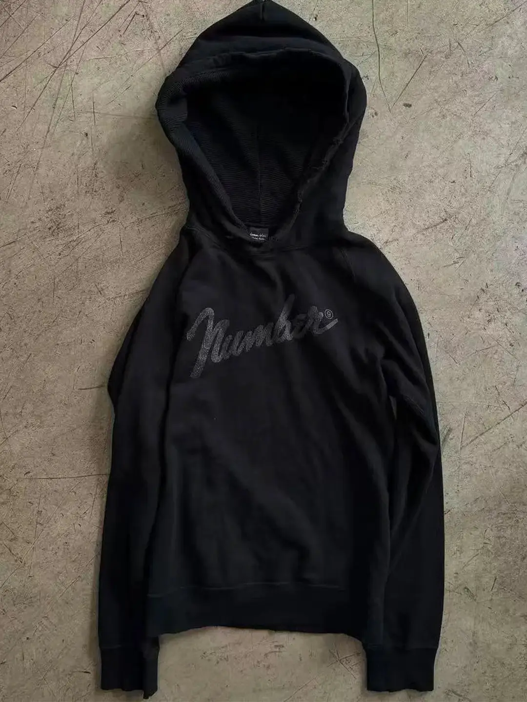 自主Number(N)ine the high streets hoodie05AW纯黑破坏龟裂卫衣